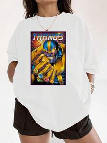 Image Of A Powerful Cosmic Warrior Holding A Golden Gauntlet With Sparkling Gems, A Symbol Of Strength And Universal Power, Inspiring Infinite Energy And Confidence In Every Detail. Casual, Comfortable, And Modern Women's T-Shirt - 白色 - 查看 1