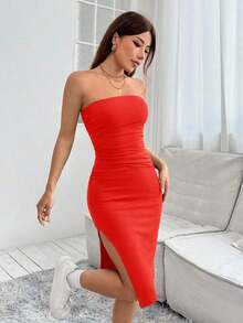 Vestido corto de verano ajustado tipo tubo con abertura lateral - Rojo - Ver 6