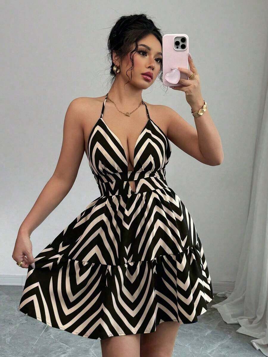 Vestido casual de vacaciones tipo midi sin espalda con estampado gráfico bohemio y tirantes finos para mujer - Negro - Ver 1