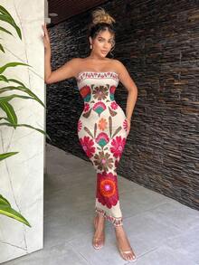 Vestido ajustado con estampado floral retro y estilo bohemio casual para mujeres, adecuado para vacaciones de verano - Multicolor 2 - Ver 2