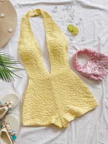 Body sexy de punto blanco con textura y patrón ondulado, escote en V profundo y espalda descubierta para mujer, elegante y ajustado, adecuado para fiestas, citas, té de la tarde, vacaciones boho, playa, atuendo de verano. - Amarillo claro - Ver 7