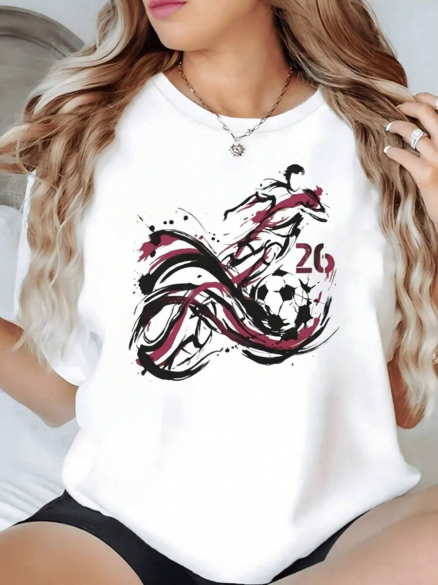 Artistic Image Of A Player Kicking A Ball, Symbolizing Passion, Strength, And Freedom Of Movement. Women's Casual, Modern, Comfortable T-Shirt For Everyday Wear. - 白色 - 查看 1