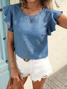 Blusa de cuello redondo con volantes y estampado de sombras florales primaverales para mujeres - Azul - Ver 7