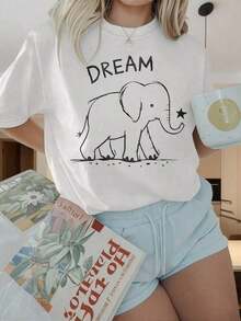 Women's Short-Sleeved Crew Neck T-Shirt, Dreamy Elephant Print Tee, Casual Loose-Fitting Black Short-Sleeved Top With Star Design. The Fun Prints Are Suitable For Christmas Parties, Sports Activities, Holiday Parties, Outings, Sports And Other Christmas Gifts. - 白色 - 查看 8