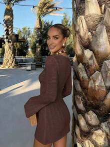 Vestido de manga larga de punto para mujer, estilo de vacaciones en la playa - Café rojo - Ver 7