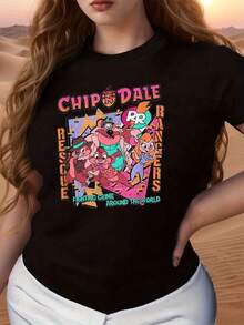 Animated Characters Chip And Dale With Brave Friends Symbolize Teamwork, Adventures, And Positive Global Energy To Inspire Everyday Joy. Comfortable, Casual, Modern Women's T-Shirt For Daily Wear. - 黑色 - 查看 6