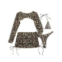 Leopard Print Lace-Up Sexy Bikini Four-Piece Swimsuit With Long Sleeve Sun Protection Skirt Style For Hot Springs - Leopard Print - View 6