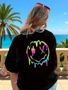 Camiseta Casual de Manga Corta con Estampado Gráfico en Frente y Espalda - Cuello Redondo, Diseño de Cara Alegre, Transpirable para Primavera/Verano, Lavable a Máquina, Moda Mujer - Negro - Ver 3