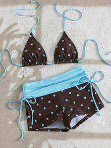 Conjunto de 2 piezas para mujer 2026, nuevo conjunto de top halter sin espalda con estampado aleatorio de rayas y shorts con lazo lateral para primavera/verano, elegante y sexy conjunto de bikini de moda para playa y resort - Azul - Ver 3