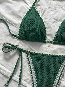 Conjunto de bikini de 2 piezas para mujer de verano con tela jacquard de unicolor, volantes en el borde y tirantes ajustables - Verde - Ver 4