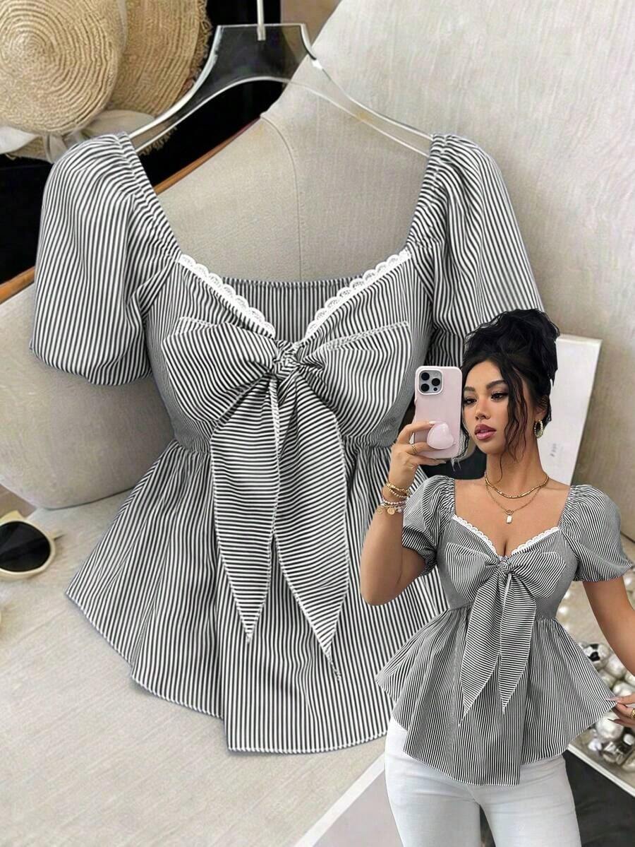 Nueva llegada Blusa casual de uso diario para mujer con diseño minimalista, cuello cuadrado, lazo en la cintura y rayas azul francés y blancas - Negro - Ver 1