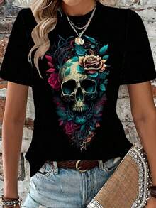 Camiseta de manga corta con cuello redondo y estampado de calavera para mujer, camisetas gráficas para mujer - Negro - Ver 6