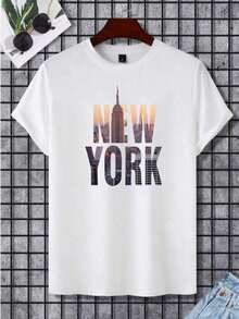 VintageCamiseta  Talla Grande  De Manga Corta Con Cuello Redondo Y Estampado De  Edificio Y Letra Inglesa Estampado De   MujerGraphic Tee - Blanco - Ver 2