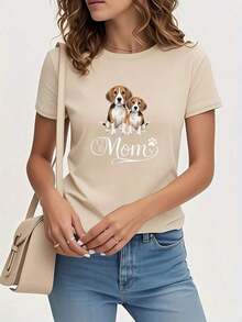 Adorable Beagle Dog Mom Graphic Tee For Women - Casual Short Sleeve Crew Neck Tee, Lightweight And Breathable Fabric, Perfect For Casual Outfits, Mother's Day Gift, Or Everyday Comfort | Playful Graphic Tee | Comfortable Fit - 杏 - 查看 12