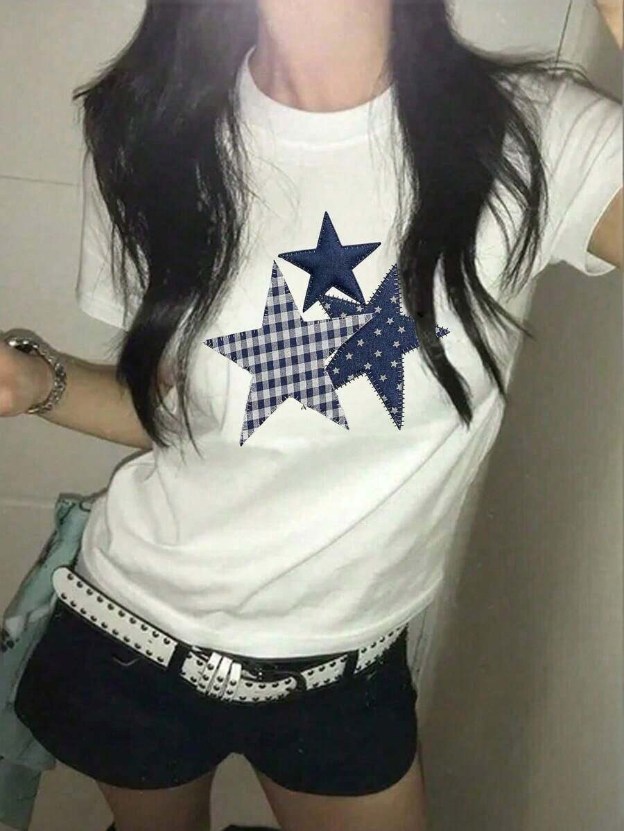 Summer Cheer From Japan! White On White Star Print Cotton T-Shirt, Women's Short Sleeve Crew Neck Cotton T-Shirt, Casual Japanese Feminine Style. - 白色 1 - 查看 1