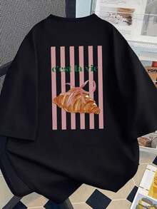 Camiseta Casual de Manga Corta para Mujer con Estampado de Croissants Brillantes y Rayas, Cuello Redondo, Top de Primavera/Verano, Ropa de Mujer, Ropa de Verano/Otoño, Ropa para el Día de San Valentín, Ropa de Mujer, Atuendo para Vacaciones - Negro - Ver 3