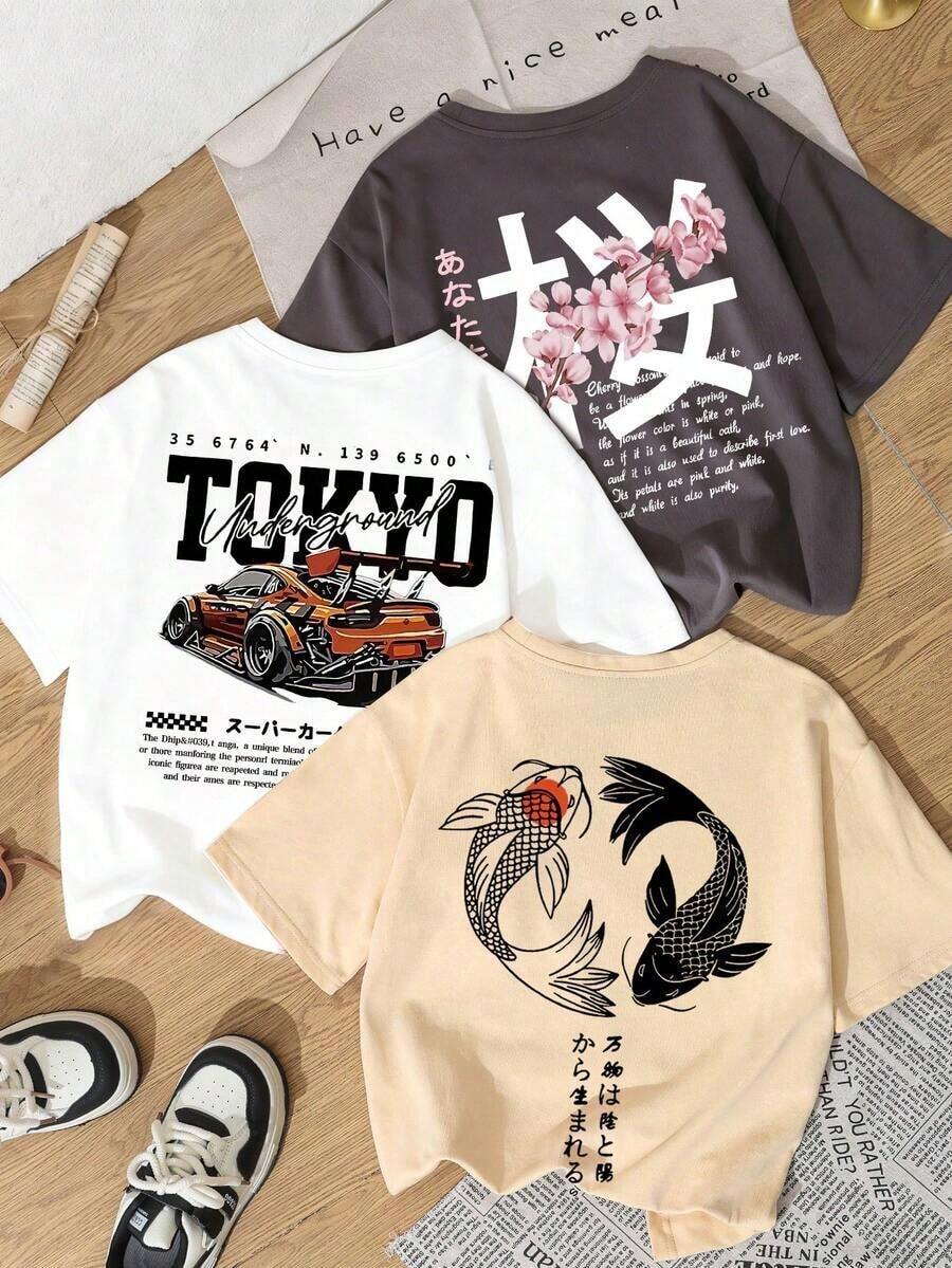 Conjunto de verano de una sola pieza, nuevo estilo, sencillo y divertido, con combinación de estampado floral japonés y estilo de carreras, camiseta casual de manga corta con cuello redondo, top de mujer moderno y versátil. - Blanco - Ver 1