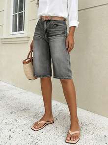 Pantalones cortos vaqueros de mujer de tiro bajo y pierna recta: ajuste holgado y elegante, pantalones cortos versátiles de pierna ancha y longitud media - Gris Oscuro - Ver 6
