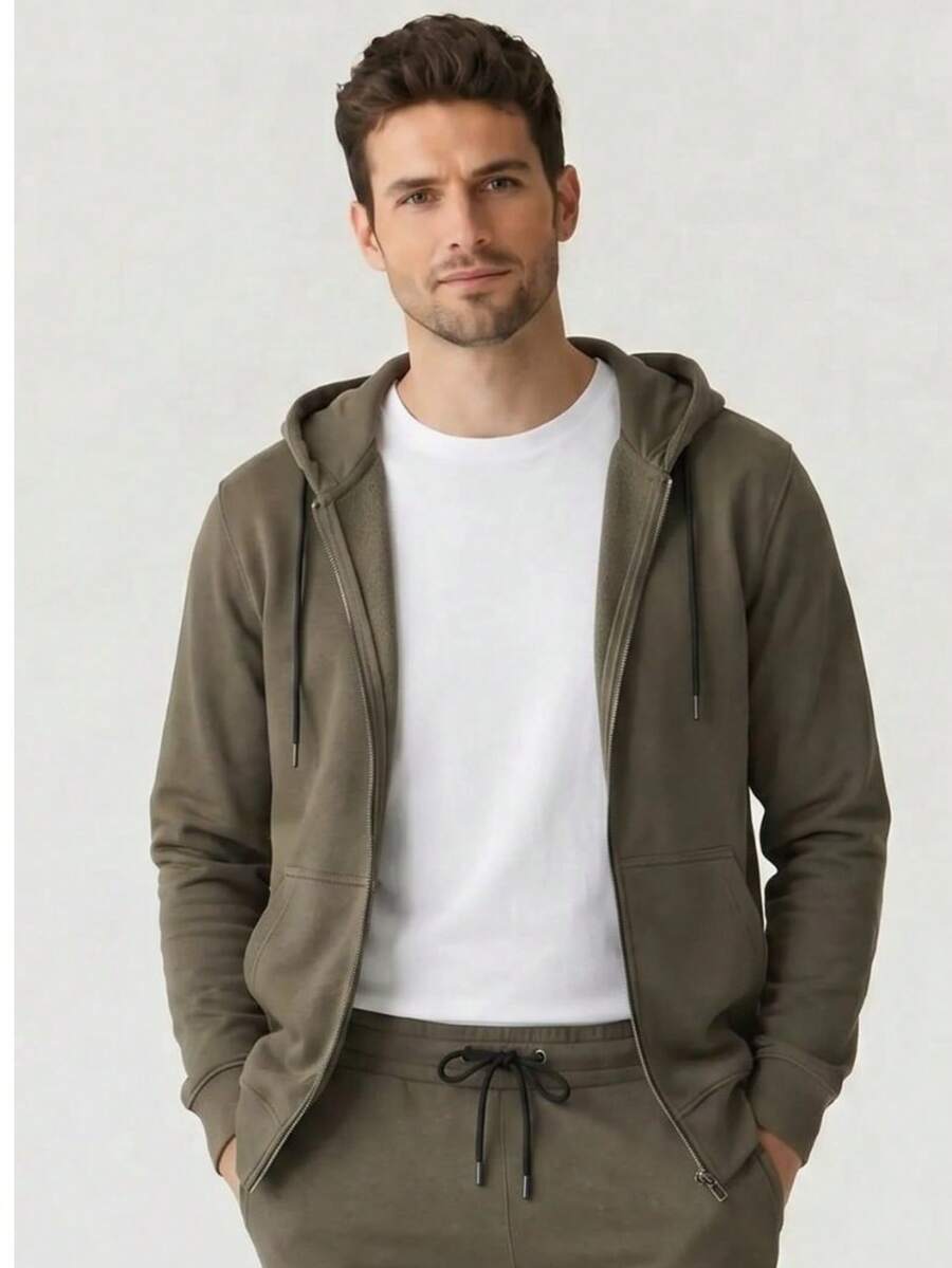 Men's French Terry Hooded Zip-Up Sweatshirt, Finished With Ribbed Cuffs And Hem, Available Sizes XS–8XL, Perfect For Spring, Summer And Fall - Dark Green - View 1