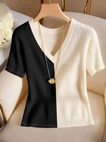 Camiseta de mujer elegante y casual de cuello en V y manga corta - Multicolor - Ver 7