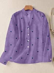 Camisa de mujer de manga larga con botones y bolsillos, con estampado romántico de corazones, adecuada para otoño, invierno y primavera - Morado - Ver 4
