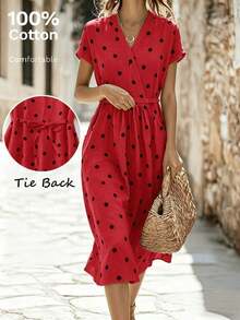 Vestido casual elegante y vintage con estampado de lunares, con bolsillos y lazo en la espalda, silueta minimalista pero refinada de corte evasé con cintura anudada, vestido versátil para oficina/ocasión, conjunto bohemio de lunares para vacaciones, primavera/verano rojo - Rojo - Ver 9