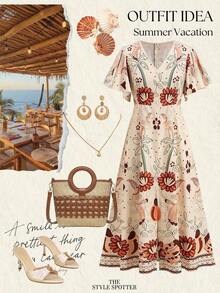 Vestido con abertura en el muslo, mangas de mariposa y botones delanteros para mujer - Multicolor - Ver 5