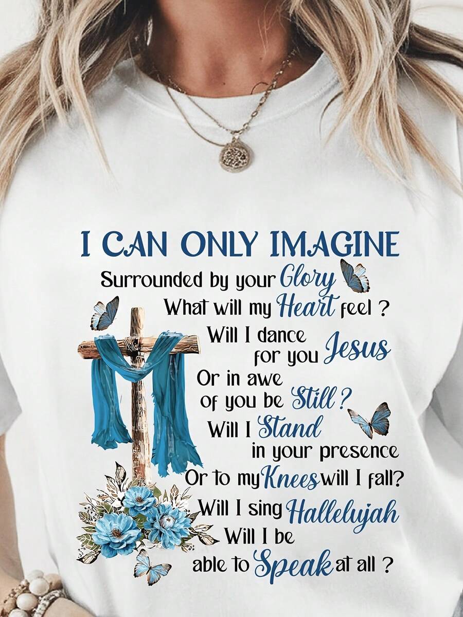 Camiseta inspiradora para mujer WoWomen' S con estampado de letras "Solo puedo imaginar estar rodeada de su gloria", casual, de manga corta, cuello redondo, transpirable, perfecta para primavera, verano y otoño, regalos inspiradores, estilo urbano de moda, manga corta - Blanco - Ver 1