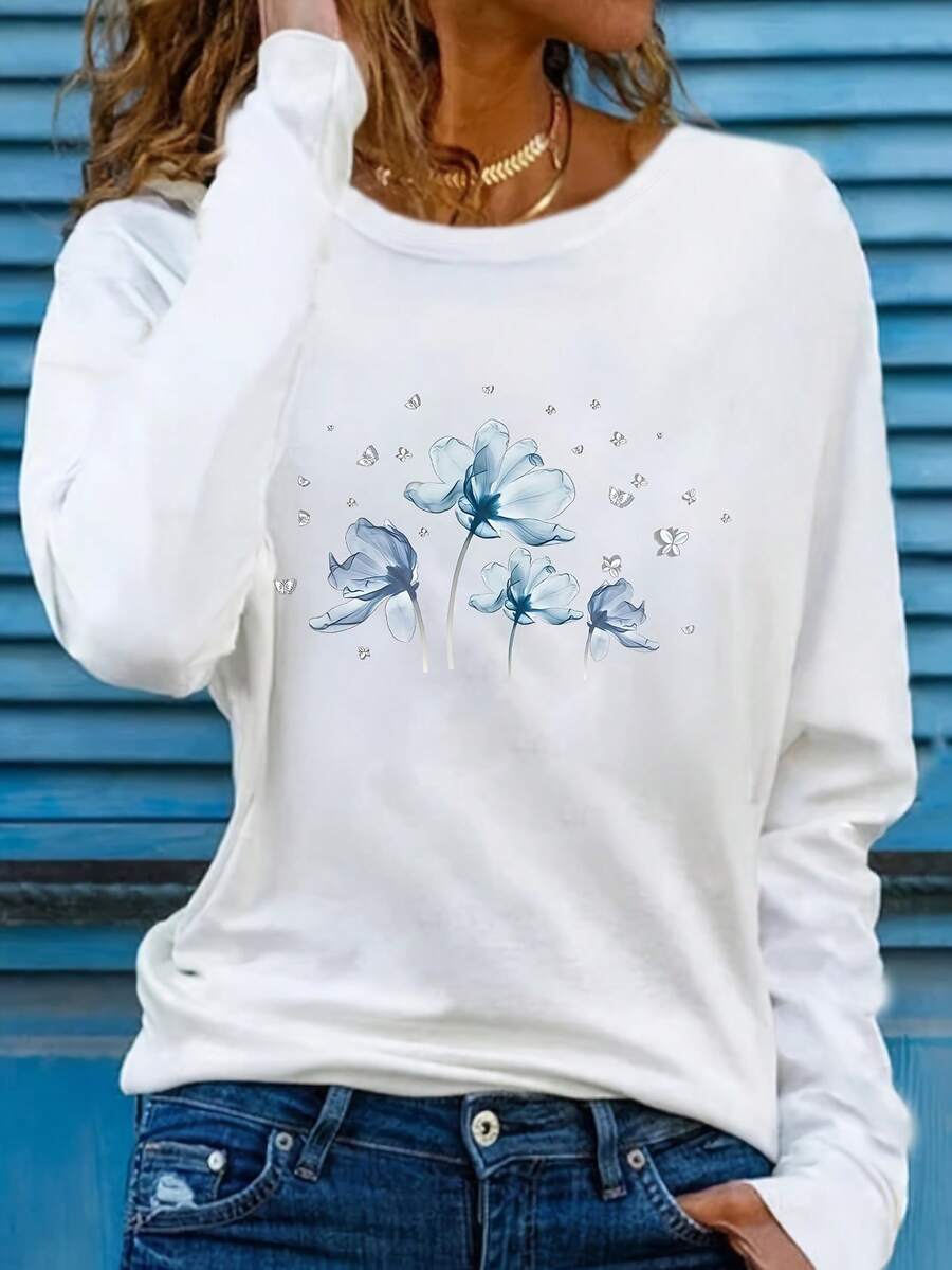 Camiseta de Manga Larga con Cuello Redondo Blanco, Estampado Floral Azul Elegante, Ajuste Ligeramente Holgado, Esencial para Vacaciones Casuales, Lavable a Máquina No Limpieza en Seco, Tela Adecuada para Todas las Estaciones - [Blanco] - Ver 1