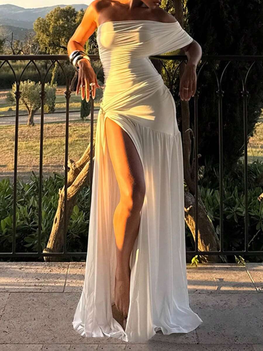 1 pieza Vestido de punto elegante y sexy con espalda descubierta de unicolor, adecuado para la playa, vacaciones, boda, citas, verano - Blanco - Ver 1