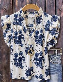 Floral Print Flutter Sleeve Top - Women's Spring & Summer Clothing - Blue and White - View 8