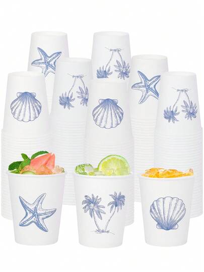10pcs/20pcs/30pcs White Blue Beach Themed Paper Cups - Coastal Party Cups With Blue Seashell, Starfish & Palm Tree Print, White Summer Beach & Ocean Themed Party Drinkware For Luau, Pool,Baby-Shower,Tropical Parties Men Women