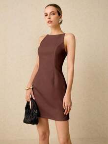 mini elegante sin mangas de unicolor, estilo de oficina - Marrón Mocha - Ver 5