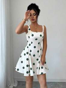 Vestido corto elegante negro con lunares de escote cuadrado - Verde Oscuro - Ver 3