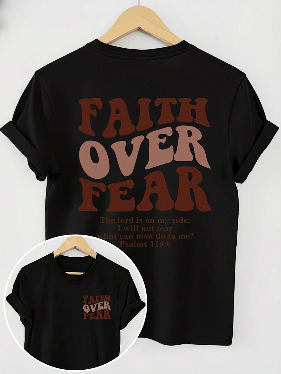 Short-Sleeved T-Shirt With Round Neck And Inspirational Print In English: "Faith Over Fear" - Black 1 - View 1