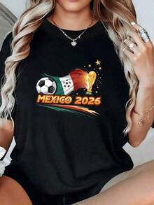 Summer100% Cotton Bandera mexicana ondeando junto al trofeo dorado y un balón de fútbol simbolizando pasión nacional y unión deportiva rumbo al mundial México camiseta para mujer 100% algodónFashion All-match Women's Short Sleeve T-shirt, Basic Style for Inner & Outer Wear - Negro - Ver 8