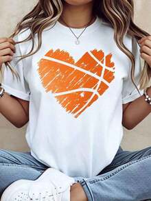 Women's Basketball Heart Design T-Shirt, Casual Sporty Style, Orange Heart Print Graphic Tee, Perfect For Basketball Fans And Sports Lovers, Daily Wear Or Gift Idea, Suitable For Spring, Summer And Autumn. - 白色 - 查看 1