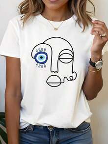 Camiseta Casual para Mujer - Diseño Moderno Abstracto con Gráfico de Malvado - Cuello Redondo, Manga Corta, Top Casual para Uso Diario y Formal - Primavera/Verano, para Amantes de la Moda, Material Duradero, Estilo Veraniego, Ajuste Cómodo, Estampado Elegante, 100% Algodón, Resistente - Blanco - Ver 7