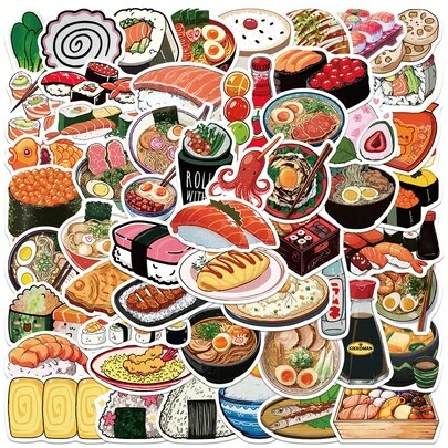 55pcs Japanese Cuisine Sushi Ramen Stickers Retro Ins 2D Fantasy Sun Ins Y2K Downtown Aesthetic Stickers Gifts Humorous And Funny Stickers 80S 90s Anime Stickers For Scrapbook Supplies Envelope, Water Bottle, Computer, Laptop, Phone, Luggage, Notebook, Fridge,Festival Party,Christmas Decoration New Year Winter