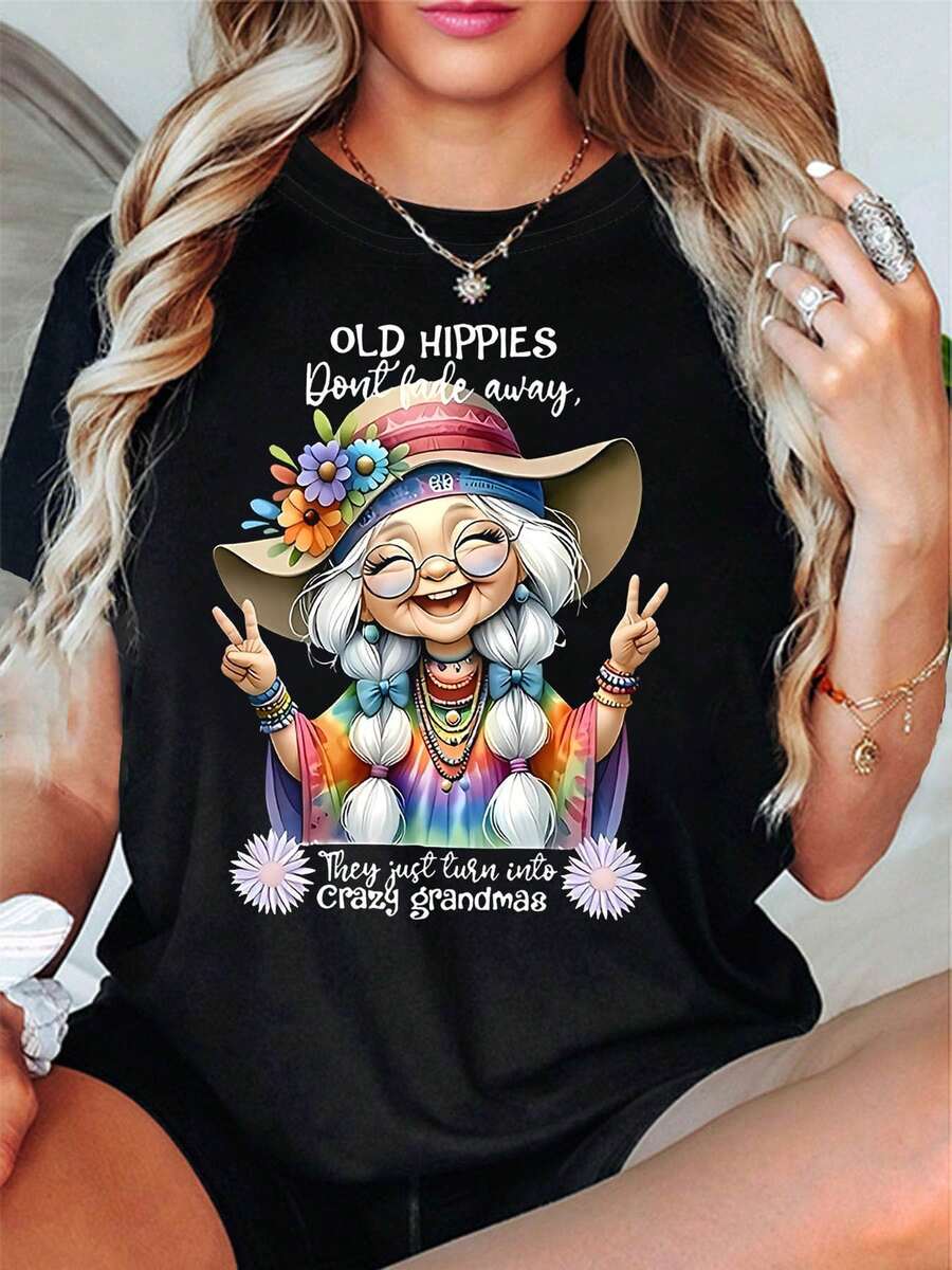 Plus Size, Women's Plus Size T-Shirt With Graphic Print "Old Hippies Don't Fade Away, They Just Become Crazy Grannies", Short Sleeve, Round Neck, Casual Top For Summer And Spring, Women's Clothing - 黑色 - 查看 1
