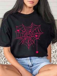 1 Piece Women's T-Shirt With Heart And Spiderweb Print For Valentine's Day, Casual, Round Neck, Short Sleeve, Soft And Comfortable, 220g/180g 100% Cotton - 黑色 - 查看 1