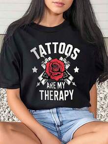 1 Piece Women's T-Shirt With Rose And Tattoo Machine Print, 'Tattoos Are My Therapy' Design, For Carnival And Daily Use, Round Neck, Short Sleeve, Soft And Comfortable, 220g/180g, 100% Cotton - 黑色 - 查看 6