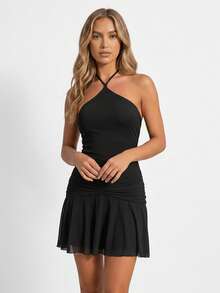 Women Mini Dress Fashion Halter Neck Solid Color Slim Fit Ruched Design Summer Pleated Hem Dresses - Black - View 4
