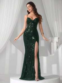 Vestido de noche con abertura alta en el muslo, con lentejuelas y diseño de patchwork, con espalda descubierta y silueta de sirena para mujer - Verde Oscuro - Ver 3