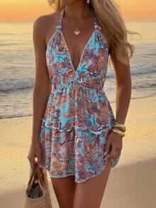 Bohemian Vacation Style All-Over Print Deep V Halter Neck Tie Layered Ruffle Mini Dress Spring/Summer New,Sexy And Vacation Style Dress Elegant - Multicolor - View 2