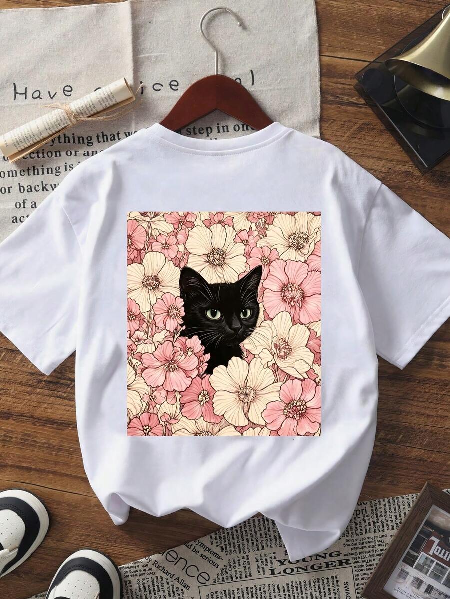 Unisex T-Shirt With Black Cat And Flower Print, 100% Cotton T-Shirt, Casual And Cute Style For Women - 白色 - 查看 1