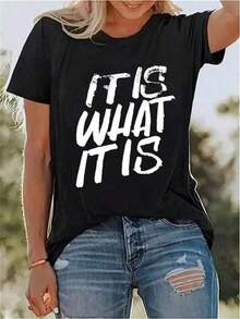 Women's Short-Sleeved T-Shirt, Casual, Round Neck, Modern, Versatile, Slogan Print, For Summer, Informal Style. - Hitam2 - View 1