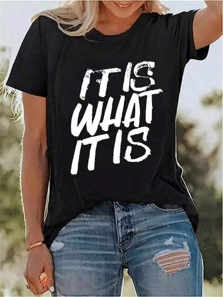 Women's Short-Sleeved T-Shirt, Casual, Round Neck, Modern, Versatile, Slogan Print, For Summer, Informal Style. - Hitam2 - View 1