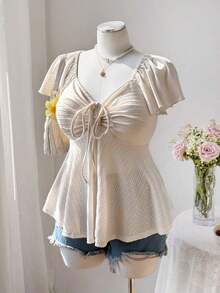 Elegant And Vintage Casual T-Shirt With Square Neck, Ruffled Sleeves, Drawstring And Tie Waist, And Textured Design For Plus-Size Women - Blue - View 11