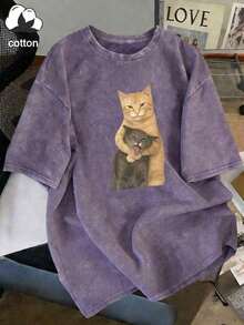 Camiseta de manga corta con estampado de gato interesante, top de diseño exclusivo y lindo, camiseta para mujer de talla grande, camiseta de algodón lavado, ropa casual de talla grande para mujer, tela con estampado de copos de nieve, top casual de cuello redondo cómodo de talla grande, camiseta vintage desgastada, ropa de mujer de talla grande, ropa de primavera/verano - Negro - Ver 8